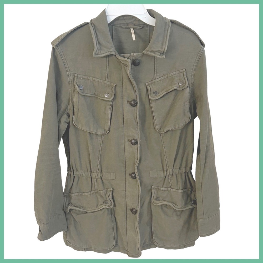 Free‎ People Olive Green Utility Jacket Drawstring Waist Cargo Pockets Size S
